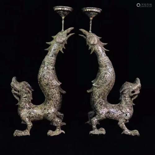 Pair of Silver Inlaid Chinese Bronze Dragon with Phoenix Can...