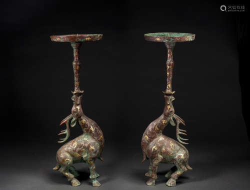 Pair of Chinese Bronze Dear Shape Candle Stick