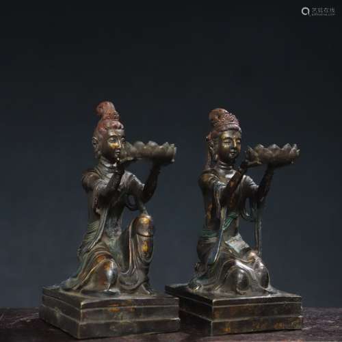 Pair of Bronze Kneeling Beauty Shape Candle Stick