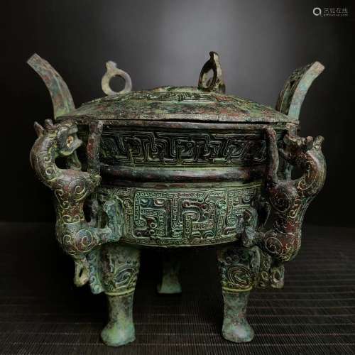 Chinese Bronze Tiger Pattern Lid Ding Pot