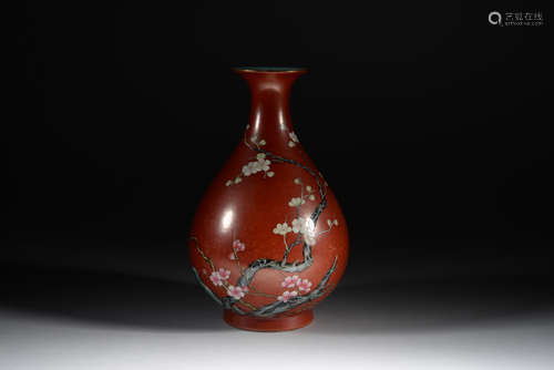 Red Glazed Famille Rose Plum Blossom Pattern Porcelain Vase