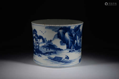 Blue and White Character and Landscape Porcelain Brush Pot