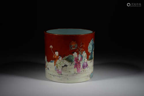 Red Glazed Famille Rose Playing Children Pattern Porcelain B...