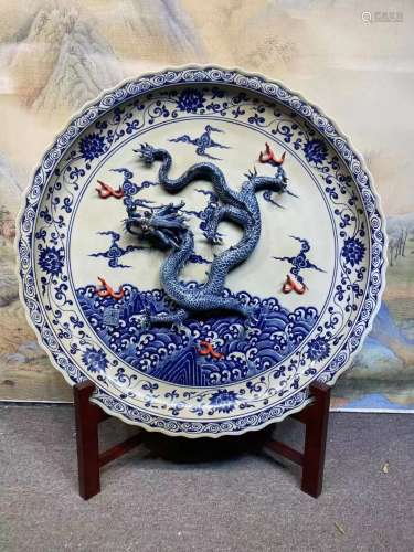 Blue and White Drawing Dragon Pattern Porcelain Plate