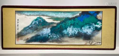 Chinese Drawing Coloured Landscape Painting Wood Frame ,Zhan...