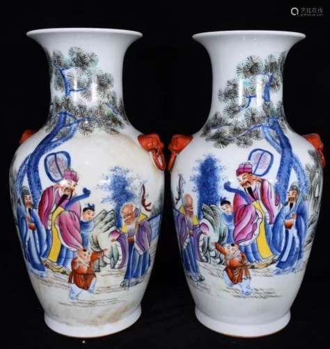 Pair of Wucai  Character Story Porcelain Vase
