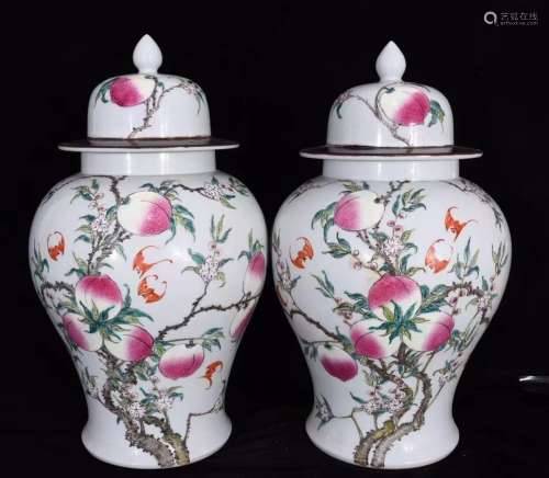 Pair of Famille Rose Peach Pattern Porcelain Pot