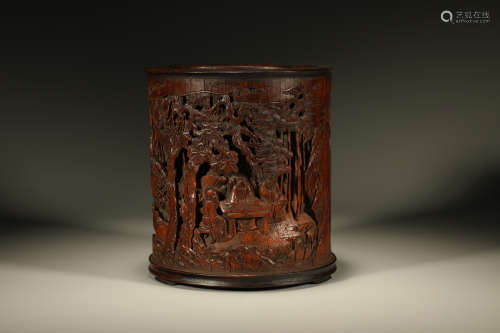 Bamboo Carved Character Pattern Brush Pot,Hou Songyin Mark