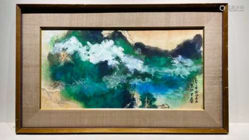 Chinese Drawing Coloured Landscape Painting Wood Frame ,Zhan...