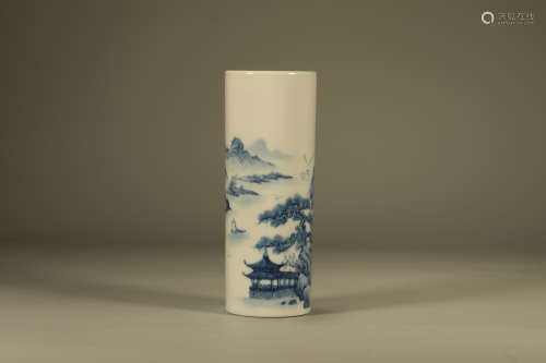 Blue and White Landscape and Character Pattern Porcelain Bru...