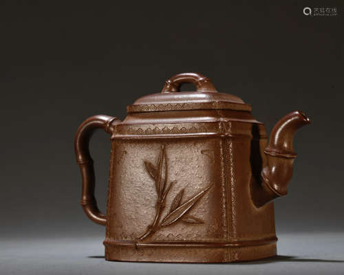 Purple Clay Carved Bamboo Pattern Teapot