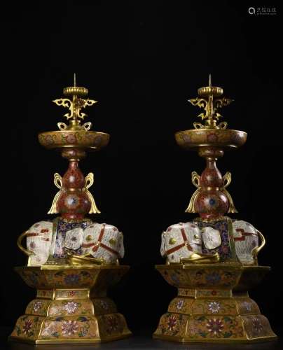 Pair of Bronze Cloisonne Carved Flower Branch Candlestick