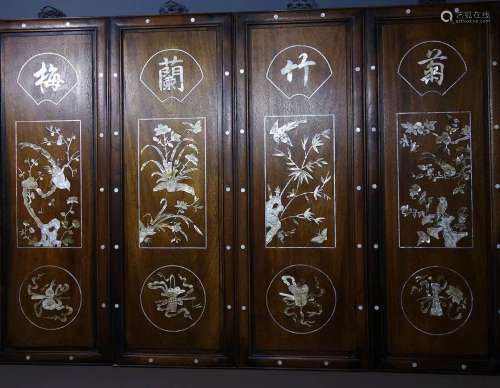 Group of Four Mother of Pearl Inlaid Plum Blossom，Orchid，Bam...