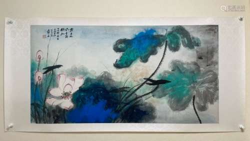 Chinese Drawing Coloured Lotus Flower Painting,Zhang Daqian ...