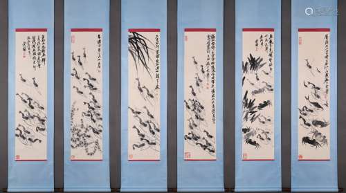 Group of Six Chinese Drawing Shrimp and Crab Painting,Qi Bai...