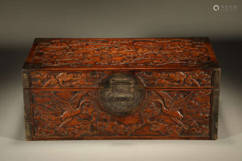 Huanghuali Wood Carved Dragon and Crane Pattern Box