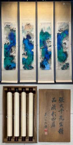 Group of Four Chinese Drawing Coloured Landscape Painting,Zh...