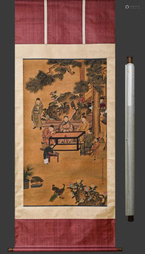 Chinese Drawing Character Story and Pine Tree Silk Painting,...