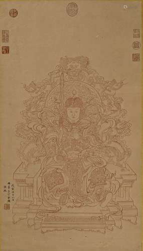 A CHINESE BUDDHA PAINTING ON PAPER, HANGING SCROLL, DING YUN...