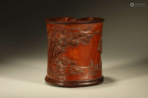 A CARVED BOXWOOD BRUSH POT