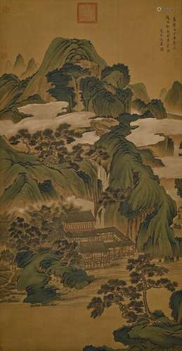 A CHINESE LANDSCAPE PAINTING ON SILK, HANGING SCROLL, WEN JI...