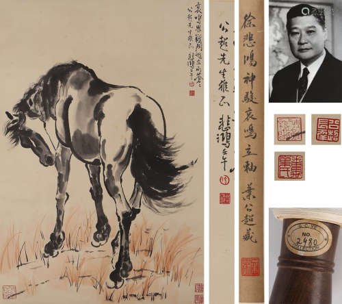 A CHINESE HORSE PAINTING ON PAPER, HANGING SCROLL,  XU BEIHO...