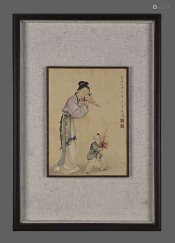 A CHINESE PLAYING BOYS PAINTING ON PAPER, MOUNTED AND FRAMED...