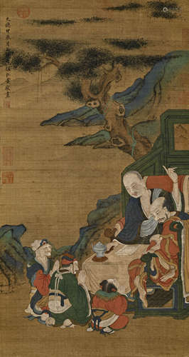 A CHINESE FIGURAL PAINTING ON SILK, HANGING SCROLL, REN RENF...