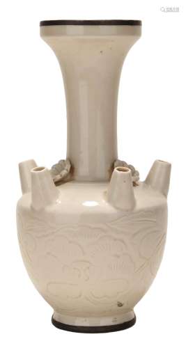 AN INCISED DING WHITE-GLAZED FLORAL FIVE-SPOUT VASE