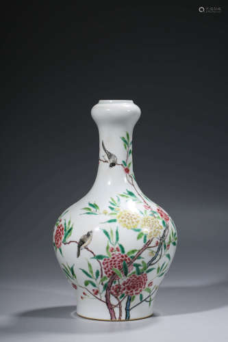 A FAMILLE ROSE FLORAL AND BIRD GARLIC HEAD VASE