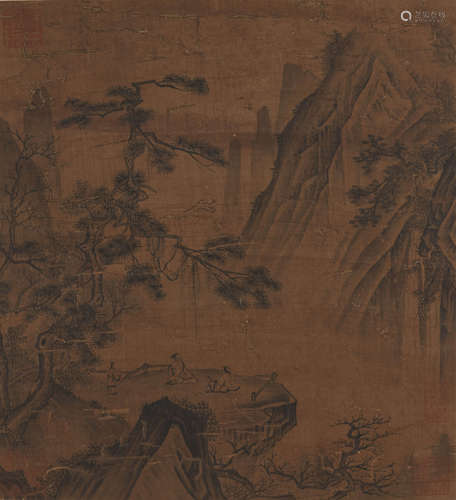 A CHINESE LANDSCAPE AND FIGURE PAINTING ON SILK, HANGING SCR...