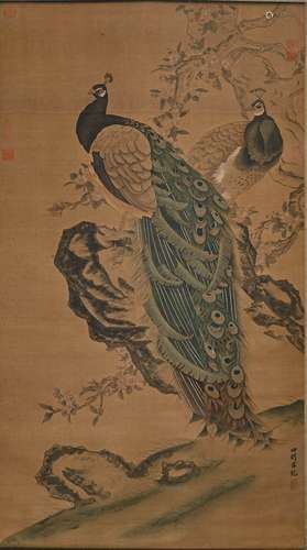 A CHINESE PEACOCK PAINTING ON SILK, HANGING SCROLL, LV JI MA...