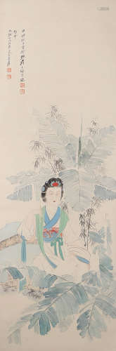 A CHINESE LADY PAINTING ON PAPER, HANGING SCROLL, ZHANG DAQI...