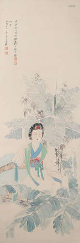 A CHINESE LADY PAINTING ON PAPER, HANGING SCROLL, ZHANG DAQI...