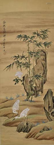 A CHINESE EGRET PAINTING ON SILK, HANGING SCROLL, XU XI MARK