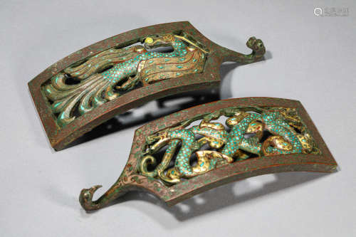 A COPPER WITH GOLD AND SILVER INLAY PINE STONE DRAGON AND PH...
