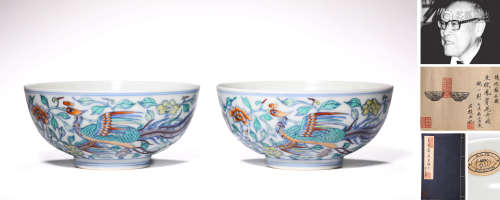 A PAIR OF DOUCAI PHOENIX AND FLORAL BOWLS