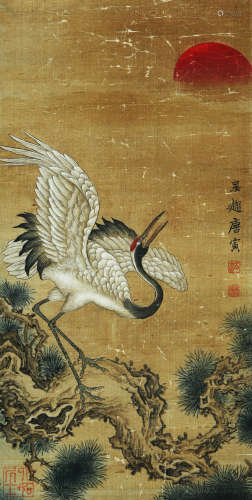 A CHINESE CRANE PAINTING ON PAPER, HANGING SCROLL, TANG YIN ...