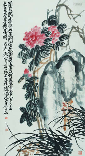 A CHINESE FLOWER PAINTINGS ON PAPER, HANGING SCROLL,  WU CHA...