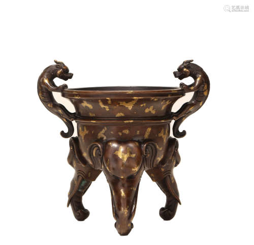 A GOLD PAINTED BRONZE CHILONG-EARED CENSER