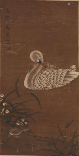 A CHINESE SWAN PAINTING ON SILK, HANGING SCROLL, ZHAO JI MAR...