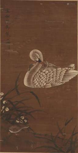 A CHINESE SWAN PAINTING ON SILK, HANGING SCROLL, ZHAO JI MAR...