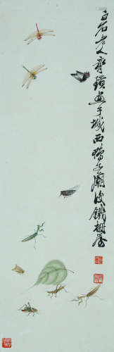 A CHINESE INSECT PAINTING ON PAPER, HANGING SCROLL, QI BAISH...