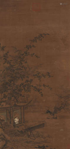 A CHINESE LANDSCAPE AND FIGURE PAINTING ON SILK, HANGING SCR...
