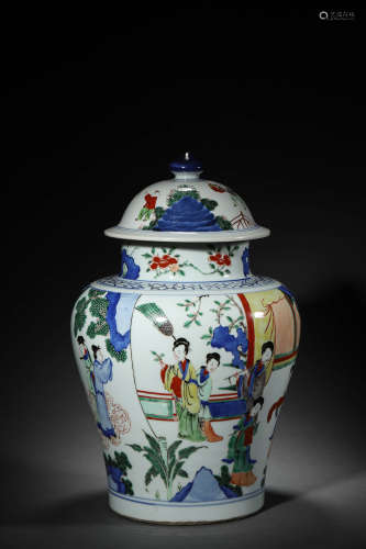 Blue&white Famille Verte Figure Pattern Porcelain Jar