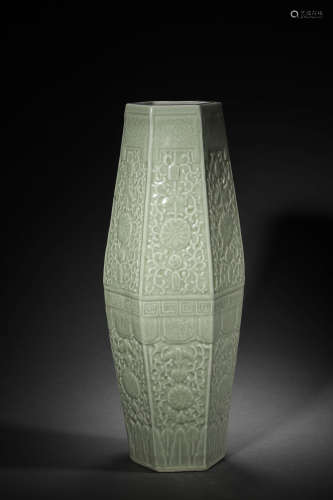 Pea Green Glaze Floral Porcelain Hexagonal Olive Vase