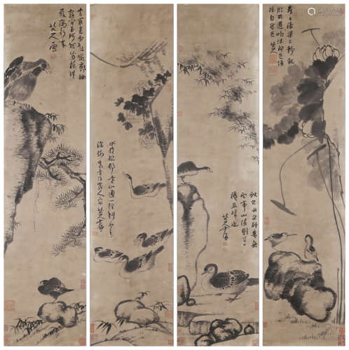 4Pcs Chinese lotus pond Painting Scroll, Ba Da Shanren Mark