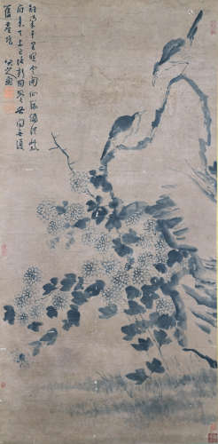 A Chinese chrysanthemum&birds Painting Scroll, Ba Da Shanren...