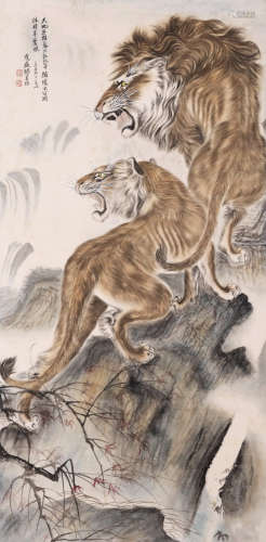 A Chinese Tiger Painting Scroll, Zhang Shanzi Mark