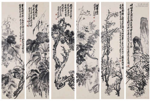 6Pcs Chinese Flowers Painting Scroll, Wu Changshuo Mark